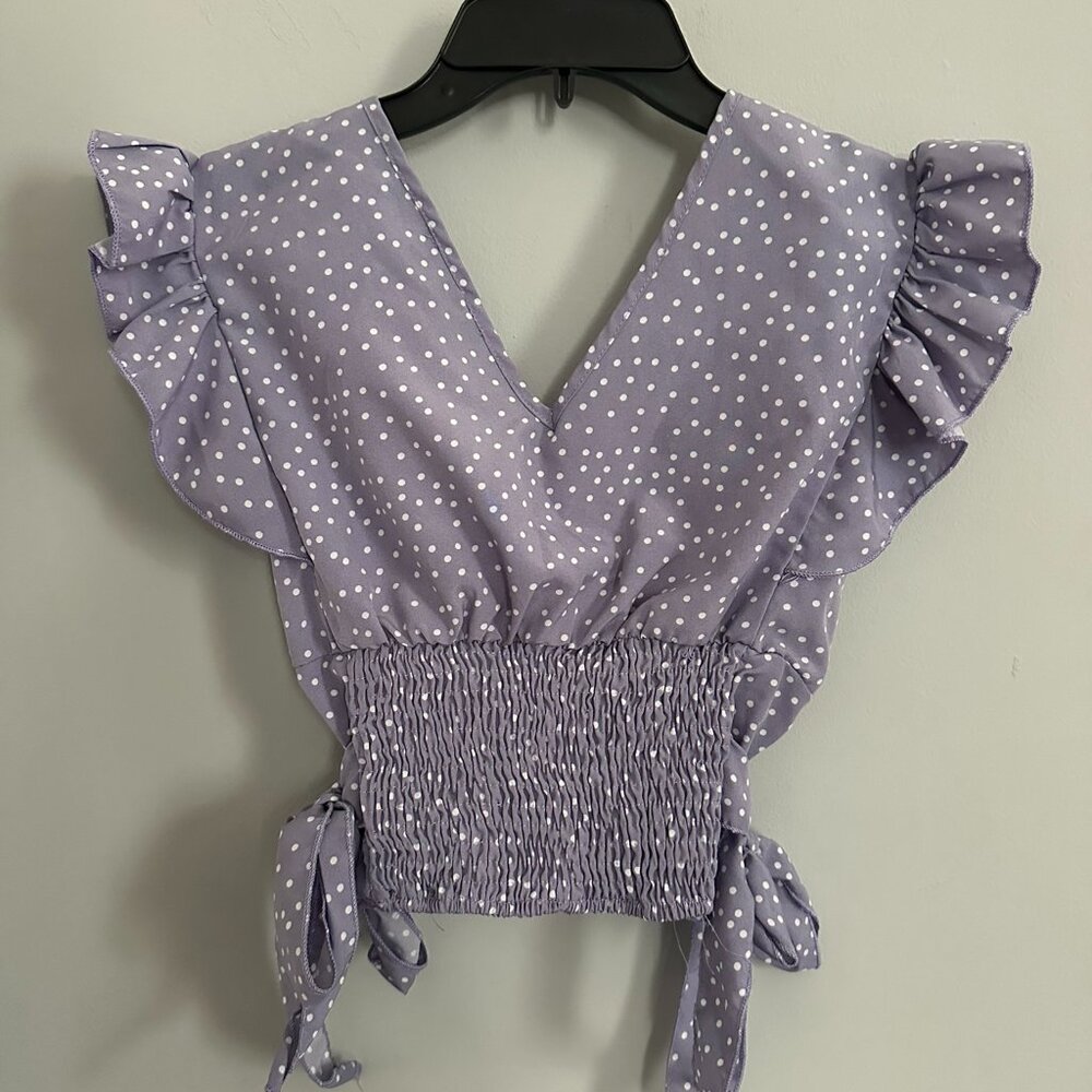Shein Lavender Polka Dot Flutter Sleeve Top Size XS